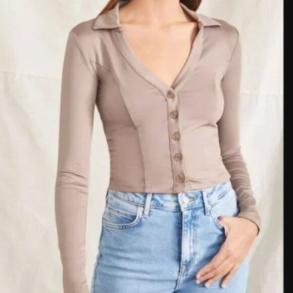 Cropped Grey Button Down - Picture 1 of 8